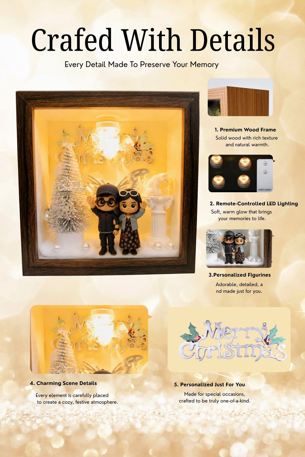 Custom Christmas Memory Shadow Box | Personalized Couple Figurine Holiday Keepsake with LED Light