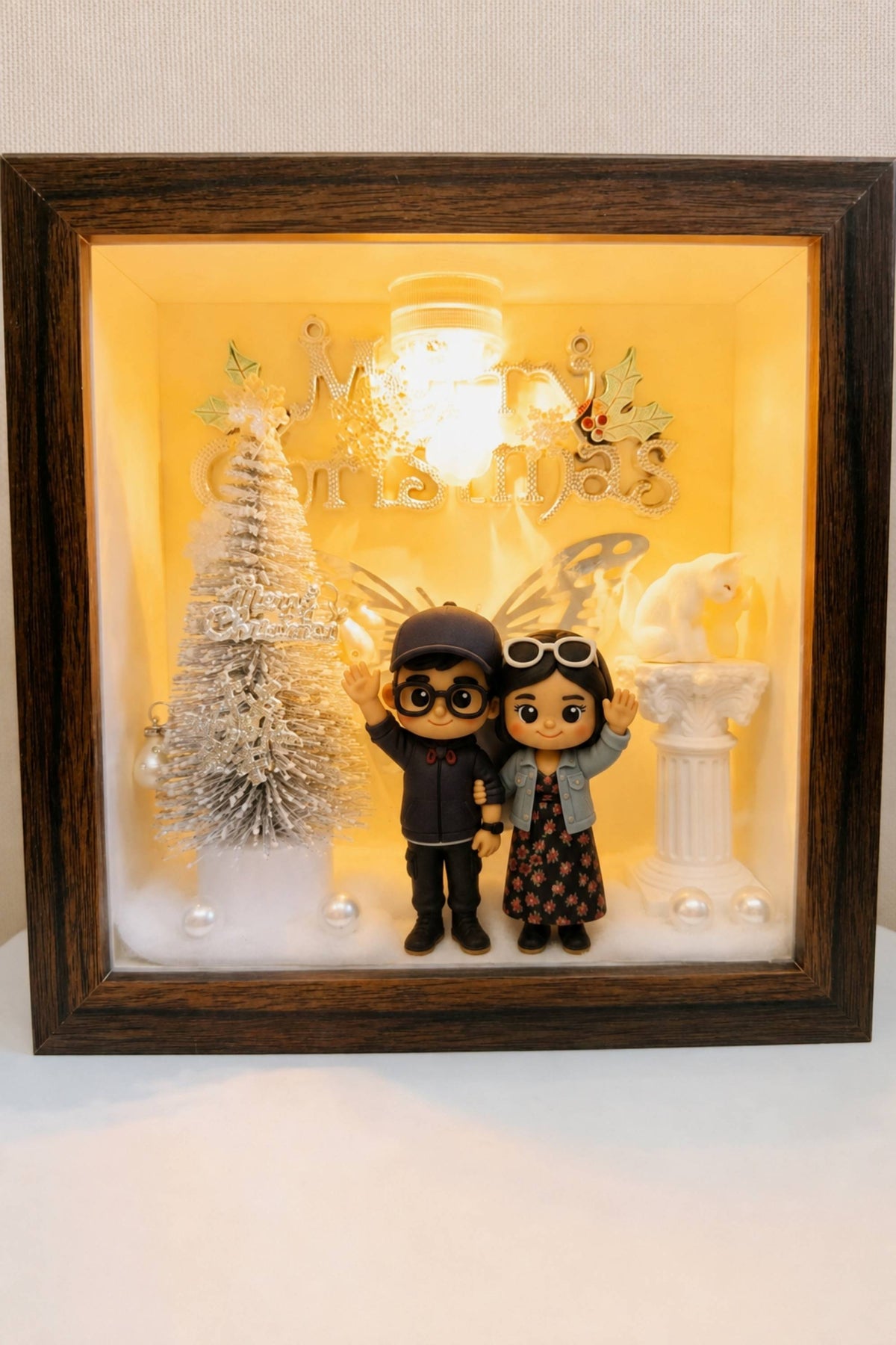Custom Christmas Memory Shadow Box | Personalized Couple Figurine Holiday Keepsake with LED Light