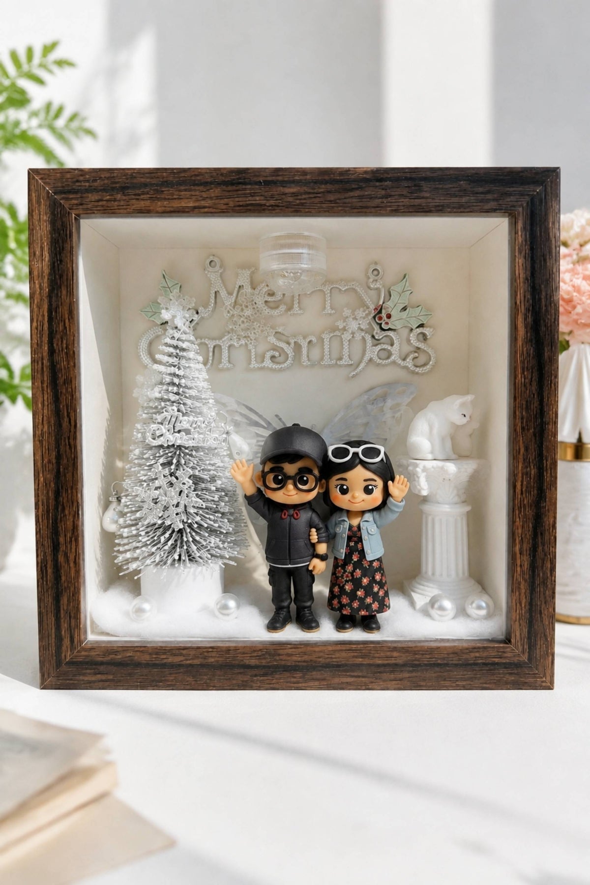 Custom Christmas Memory Shadow Box | Personalized Couple Figurine Holiday Keepsake with LED Light