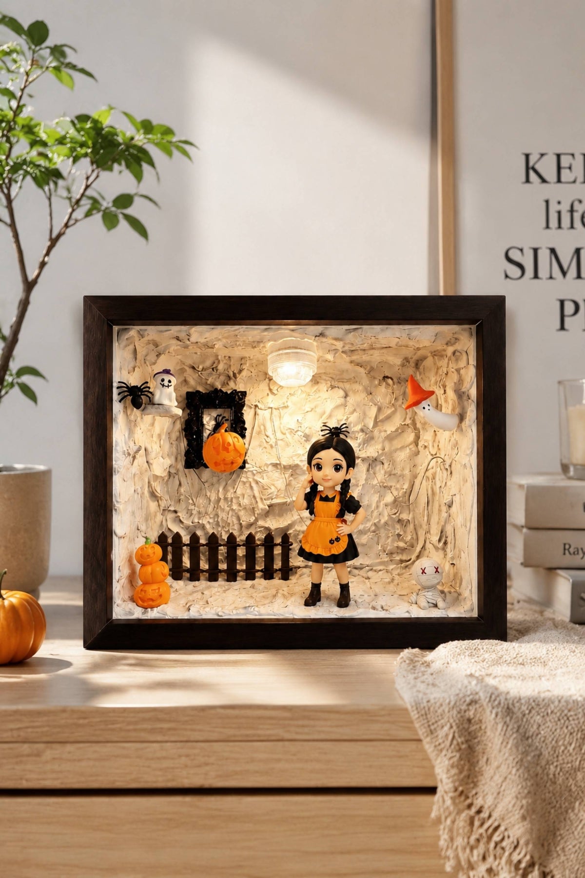 Personalized Halloween Decor | Halloween Girl Figurine Display | LED Shadow Box Decoration